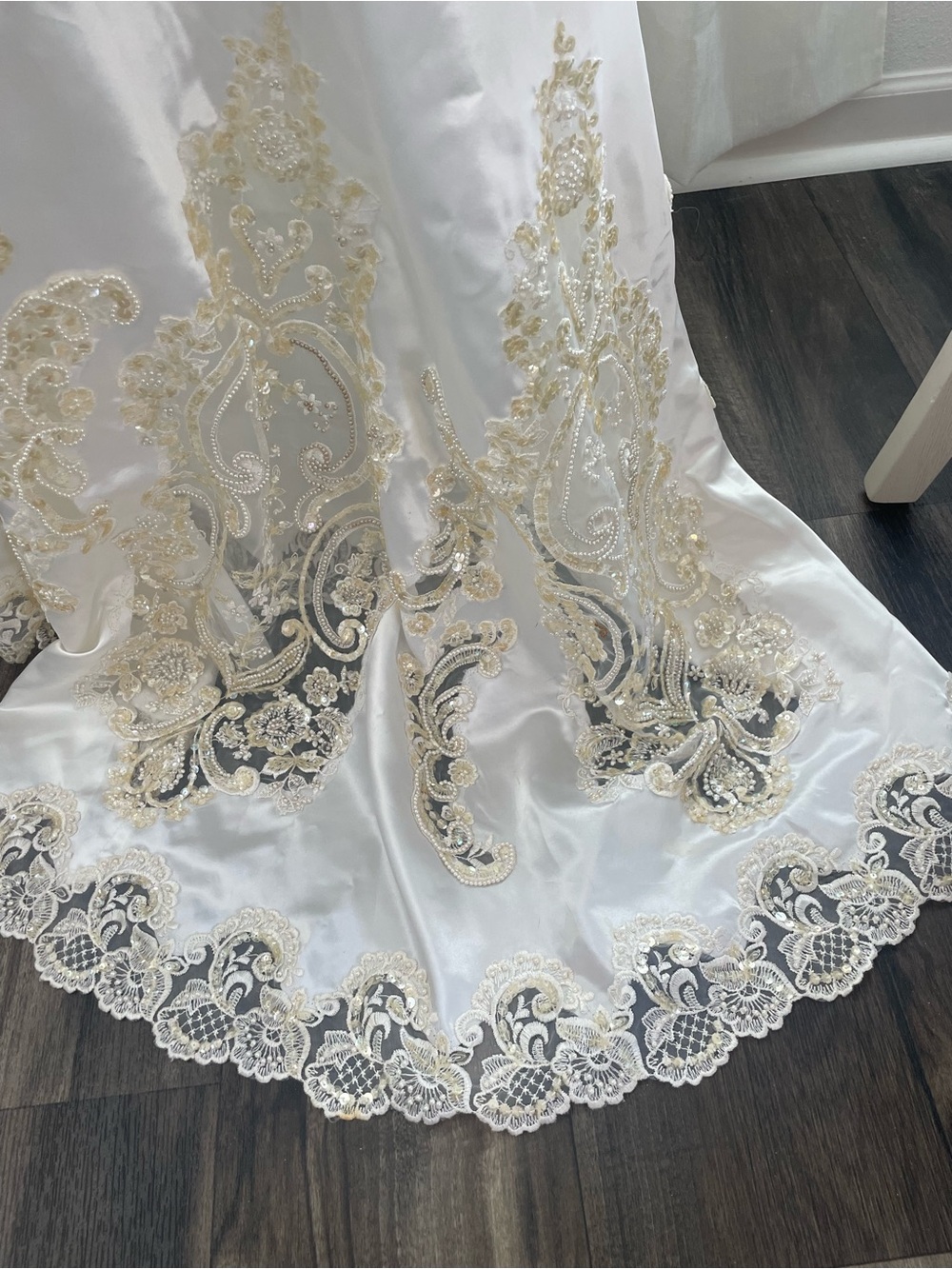 Remnant vintage bridal satin with exquisite decor faux pearls & sequins.